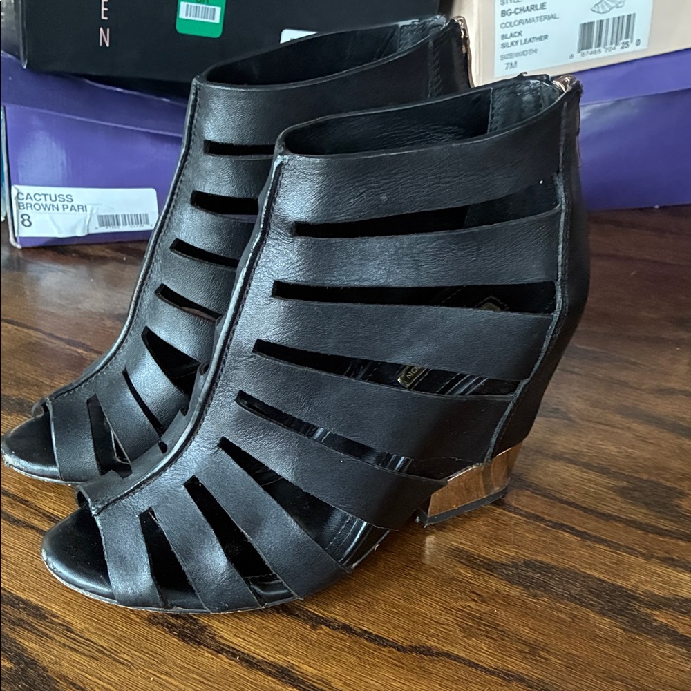 Black Strappy Peep-Toe Wedge Heels